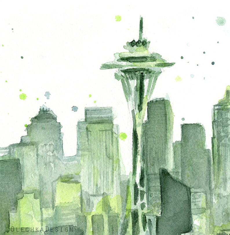 May include: A watercolor painting of the Seattle skyline, featuring the Space Needle and other buildings in shades of green. The painting has a light, airy feel and is perfect for adding a touch of whimsy to any room.