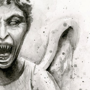 K&ouml;nnte beinhalten: Schwarzwei&szlig;es Aquarellbild eines schreienden Gesichts mit scharfen Z&auml;hnen. Das Gesicht ist teilweise von einem wei&szlig;en Hintergrund mit schwarzen Farbspritzern verdeckt.