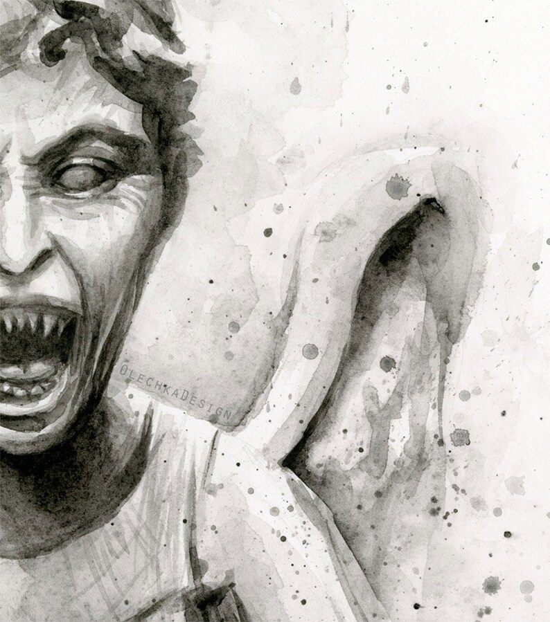 K&ouml;nnte beinhalten: Schwarzwei&szlig;es Aquarellbild eines schreienden Gesichts mit scharfen Z&auml;hnen. Das Gesicht ist teilweise von einem wei&szlig;en Hintergrund mit schwarzen Farbspritzern verdeckt.
