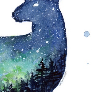May include: Watercolor painting of a deer silhouette with a starry night sky and a green and blue aurora borealis inside the deer's body. The background is white with blue watercolor splatters.