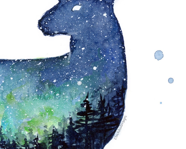 May include: Watercolor painting of a deer silhouette with a starry night sky and a green and blue aurora borealis inside the deer's body. The background is white with blue watercolor splatters.