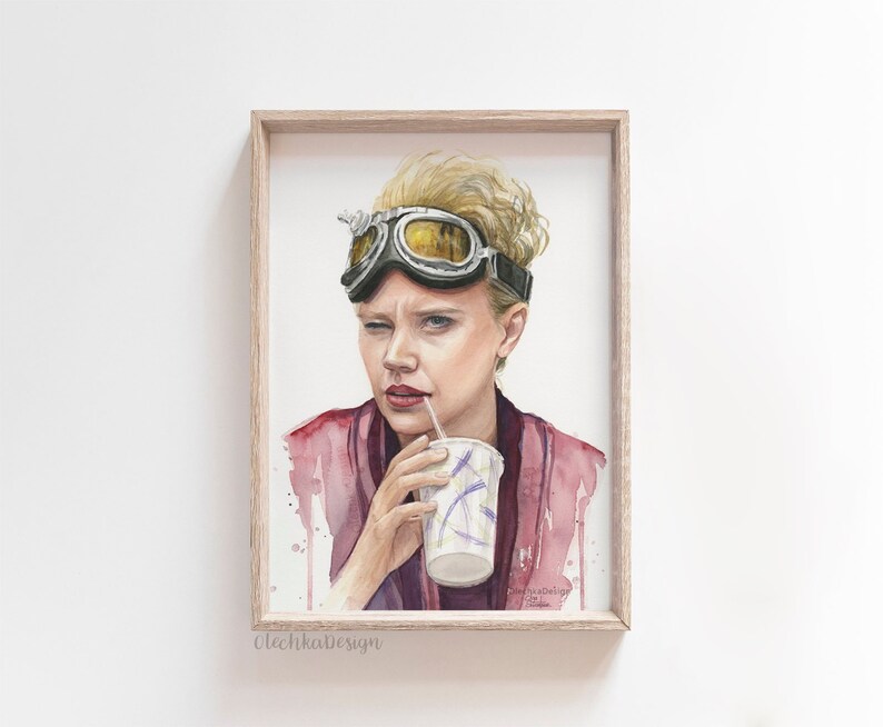 May include: Watercolor painting of a woman wearing goggles and a pink robe, drinking from a paper cup with a straw.