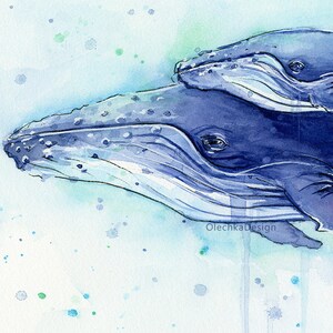 May include: Watercolor painting of two humpback whales swimming in a blue and green ocean. The whales are painted in shades of blue and gray, with white highlights on their bodies. The painting is set against a background of blue and green watercolor washes, which create a sense of movement and depth.