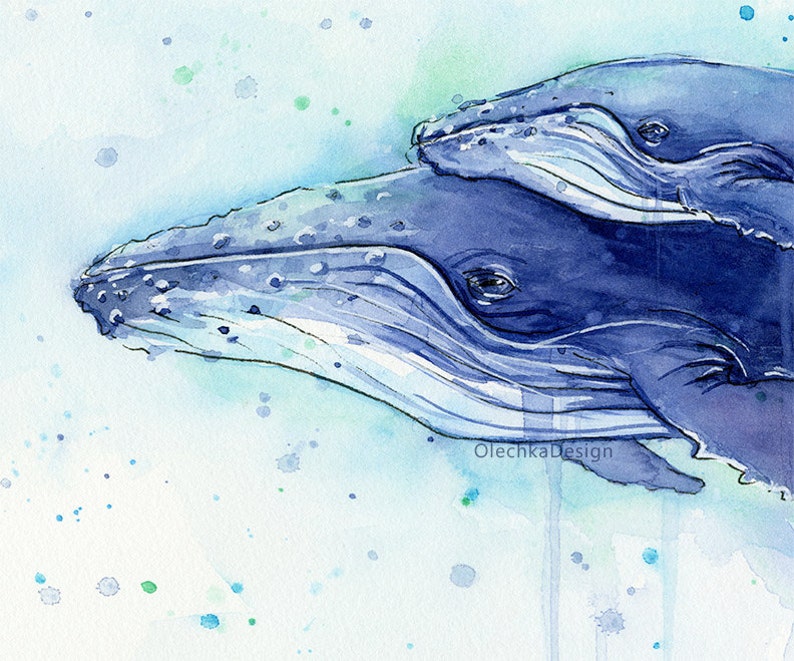 May include: Watercolor painting of two humpback whales swimming in a blue and green ocean. The whales are painted in shades of blue and gray, with white highlights on their bodies. The painting is set against a background of blue and green watercolor washes, which create a sense of movement and depth.
