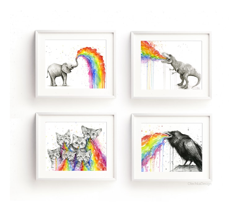 May include: Four framed watercolor paintings of animals blowing rainbows. The animals are an elephant, a dinosaur, a group of kittens, and a raven. The paintings are all in black and white except for the rainbows, which are in a variety of colors.