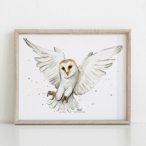 May include: A watercolor painting of a barn owl with its wings spread, flying against a white background with brown speckles. The owl has a white body with brown markings on its face and wings.
