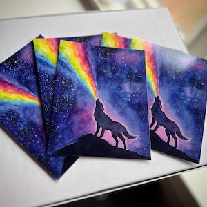 Lobo galáctico, postales, postales de acuarela, lobo aullando, galaxia de acuarela, postales de arcoíris, postales de animales, arte galáctico, tarjeta de arcoíris