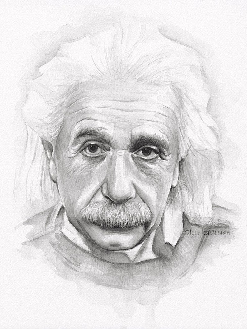 May include: A black and white pencil drawing of Albert Einstein. The drawing is done in a realistic style and captures the scientist's distinctive features, including his white hair, mustache, and piercing gaze.