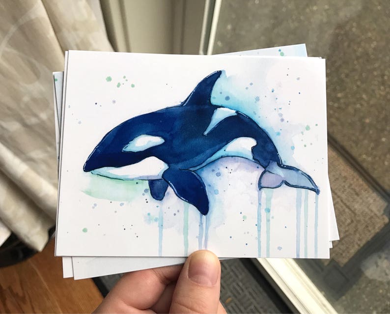 Ensemble de cartes postales, cartes aquarelles, créatures de la mer, cartes de dauphins, carte de baleines, art à bosse, cartes postales d'orque, cartes postales d'animaux, baleines, ensemble de 4 image 4