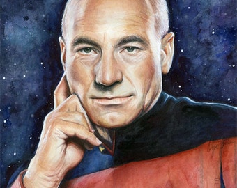Kapitein Picard portret cadeau aquarel Giclee Print Patrick Stewart Sci-Fi kunst illustratie