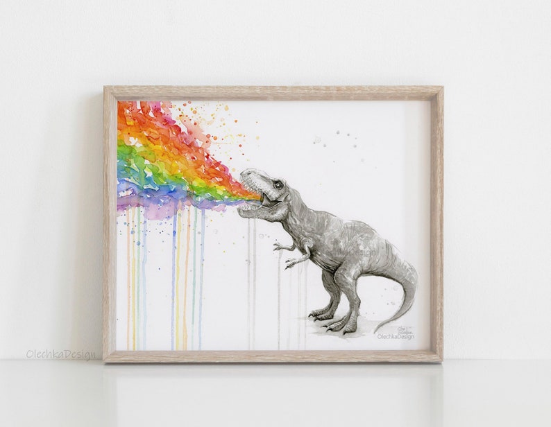 May include: A watercolor painting of a gray dinosaur breathing out a rainbow. The dinosaur is facing left and has a long tail. The rainbow is made up of red, orange, yellow, green, blue, indigo, and violet. The painting is framed in a light wood frame.