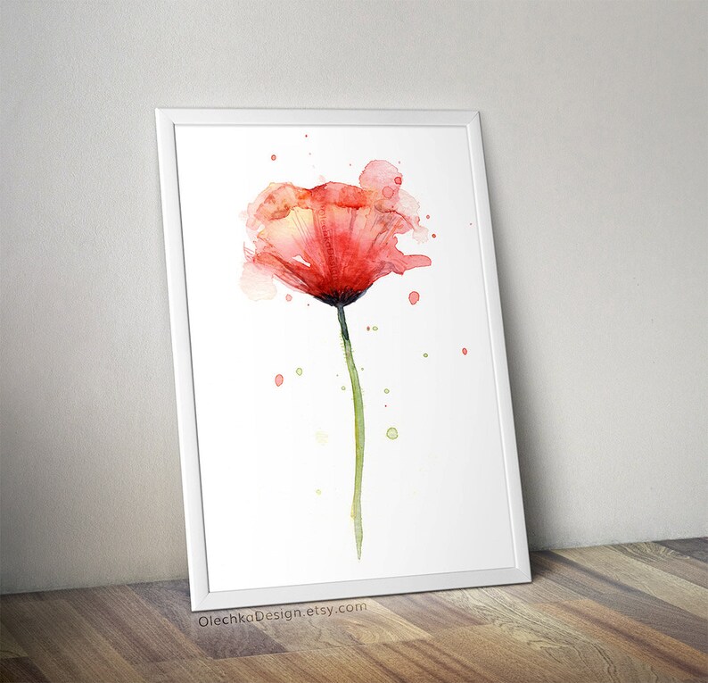 May include: A watercolor painting of a single red poppy flower with a green stem and leaves. The background is white with light green and yellow watercolor splatters.