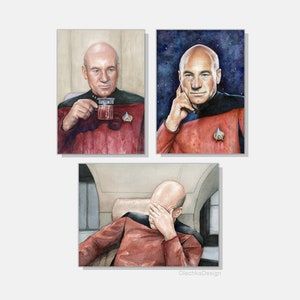 May include: Three watercolor paintings of Star Trek's Captain Jean-Luc Picard. The first shows him holding a cup of tea, the second shows him with his hand on his chin, and the third shows him with his hand over his face.