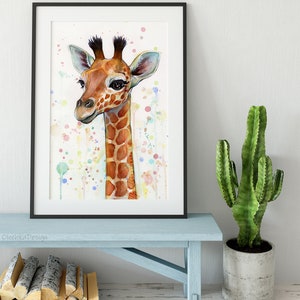 May include: A watercolor painting of a giraffe with a white background and colorful watercolor splatters. The giraffe is looking to the left of the image.