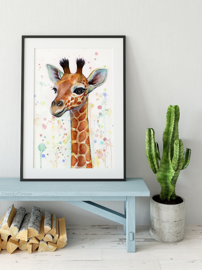 May include: A watercolor painting of a giraffe with a white background and colorful watercolor splatters. The giraffe is looking to the left of the image.