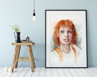 Leeloo Art, Leeloo Portrait, Leeloo Art Print, Multipass Fifth Element Wall Art, Watercolor Painting, Leeloo Illustration, Sci-Fi Print