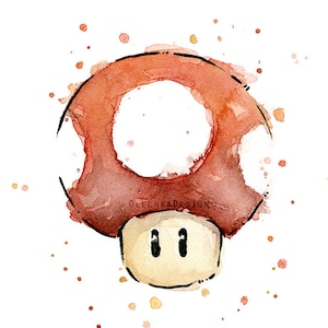 Mario Red Mushroom, Watercolor Red Mushroom Art Print, Mario Mushroom Art Print Geek Wall Art Video Game Painting Decor image 1