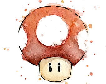 Mario Roter Pilz Aquarell Kunstdruck, Geek Decor