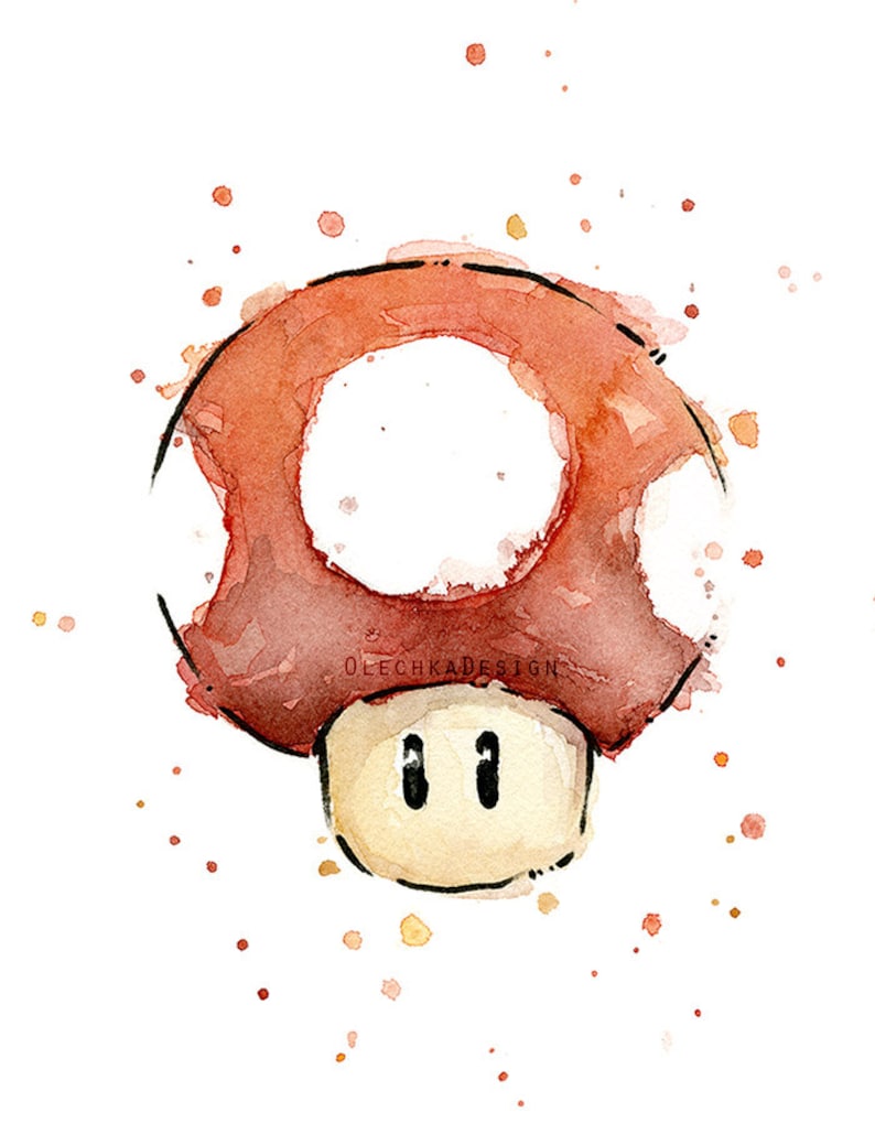 Mario Red Mushroom, Watercolor Red Mushroom Art Print, Mario Mushroom Art Print Geek Wall Art Video Game Painting Decor image 1