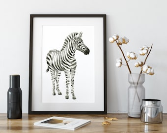 Zebra Aquarel Art Print, Safari Animal Art, Zwart-Wit Kwekerij Print