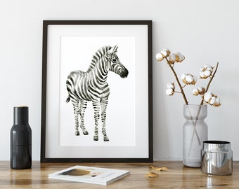 Impresión artística de acuarela de cebra, decoración de guardería de safari, animal en blanco y negro