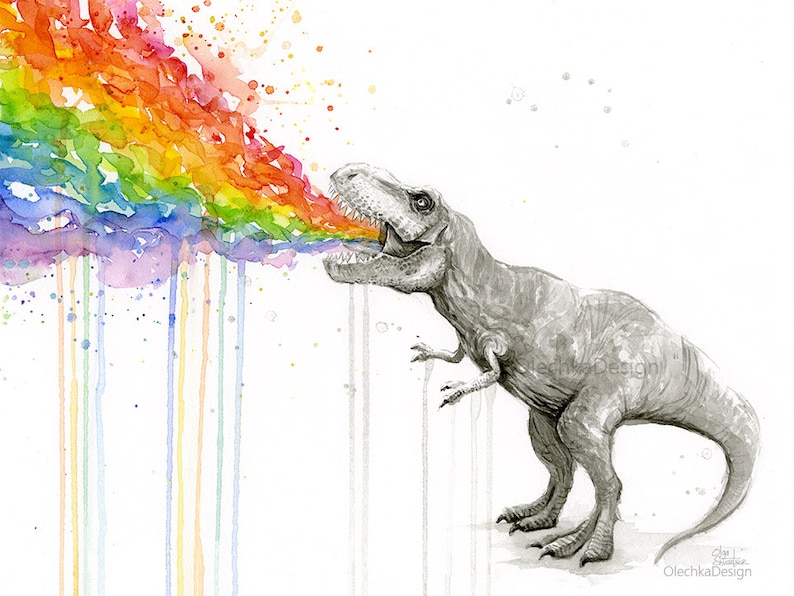 May include: A watercolor painting of a Tyrannosaurus Rex dinosaur breathing out a rainbow. The dinosaur is drawn in shades of gray, while the rainbow is a vibrant mix of colors. The background is white.