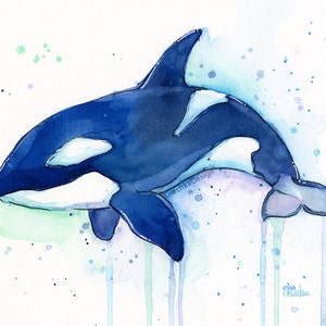 May include: Watercolor painting of an orca whale in shades of blue and green. The whale is depicted swimming with its tail in the air. The background is a light blue with green and purple watercolor splatters.