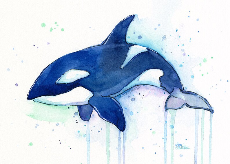 May include: Watercolor painting of an orca whale in shades of blue and green. The whale is depicted swimming with its tail in the air. The background is a light blue with green and purple watercolor splatters.