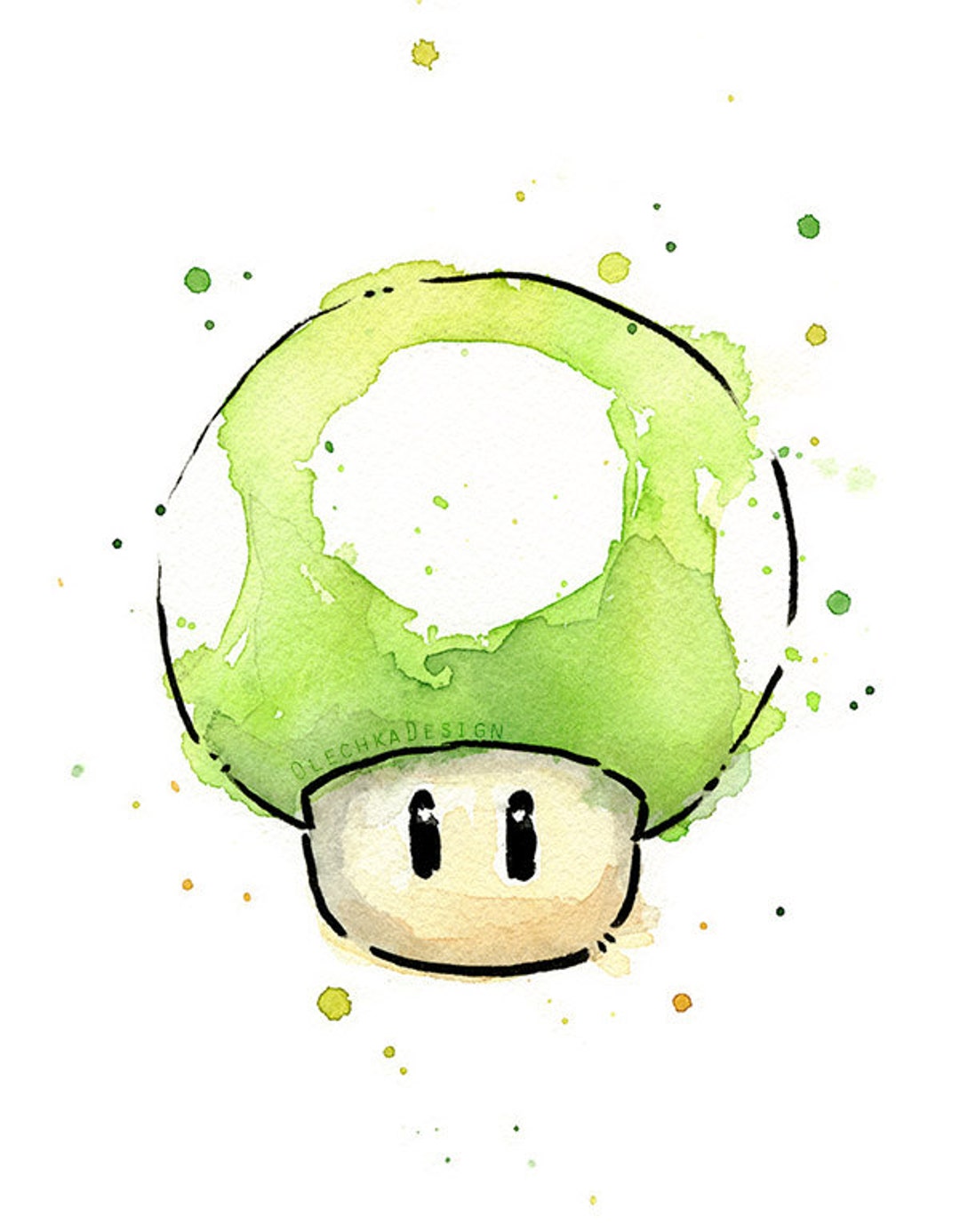 Green 1UP Mushroom Watercolor Art Print, 1UP Print, 1UP Art