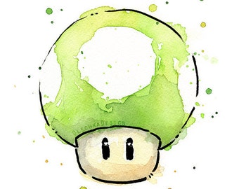 Green 1UP Mushroom Watercolor Art Print, 1UP Print, 1UP Art, Mario Print, Geek Videogame, Mario Painting, Gren Mushroom Painting