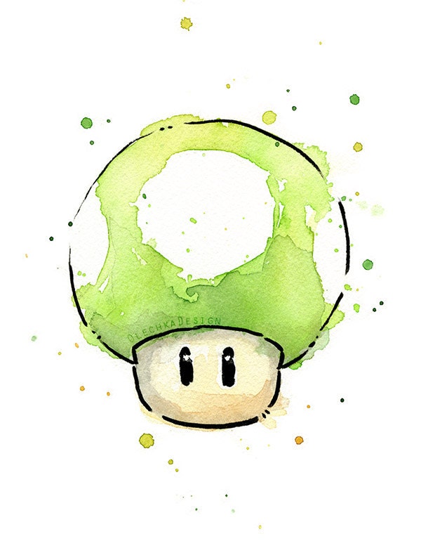 グリーン 1UP キノコ水彩画アートプリント、1UP プリント、1UP