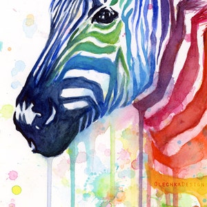 May include: Watercolor painting of a zebra's head with colorful stripes in shades of blue, green, purple, and red. The background is white with colorful watercolor splatters.