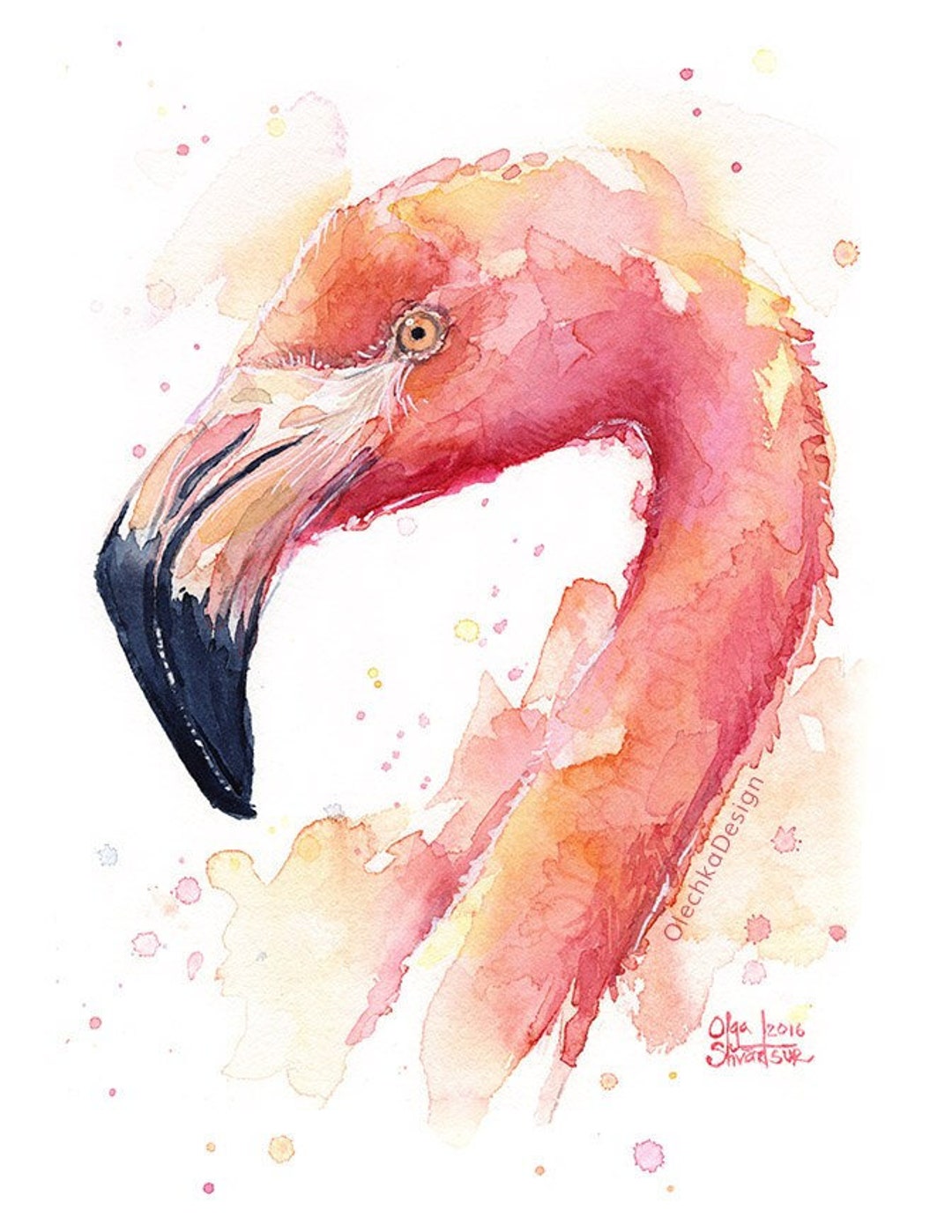 フラミンゴの水彩画、フラミンゴのアートプリント、ピンクの鳥
