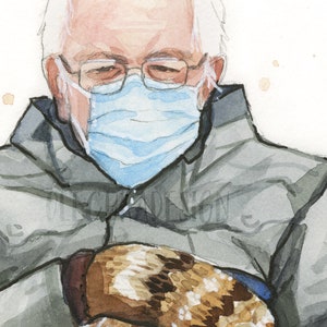 May include: Watercolor painting of a person wearing a blue face mask and a gray jacket. The person is holding a brown and white patterned object in their hands.