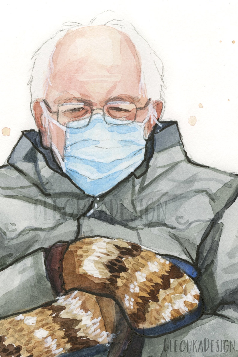 May include: Watercolor painting of a person wearing a blue face mask and a gray jacket. The person is holding a brown and white patterned object in their hands.
