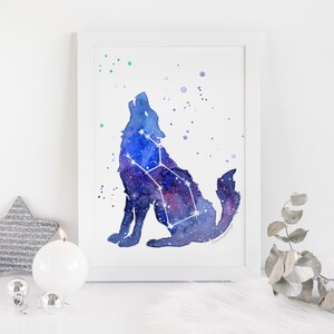 May include: A watercolor painting of a wolf howling at the moon. The wolf is made up of a constellation of stars. The background is a light blue with white dots.