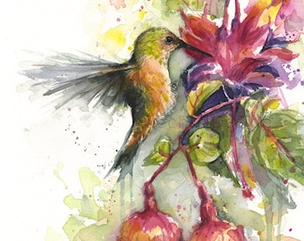 Hummingbird Art Watercolor, Hummingbird Gift, Bird Wall Art, Colorful Bird, Wildlife, Hummingbird Print, Hummingbird Gifts