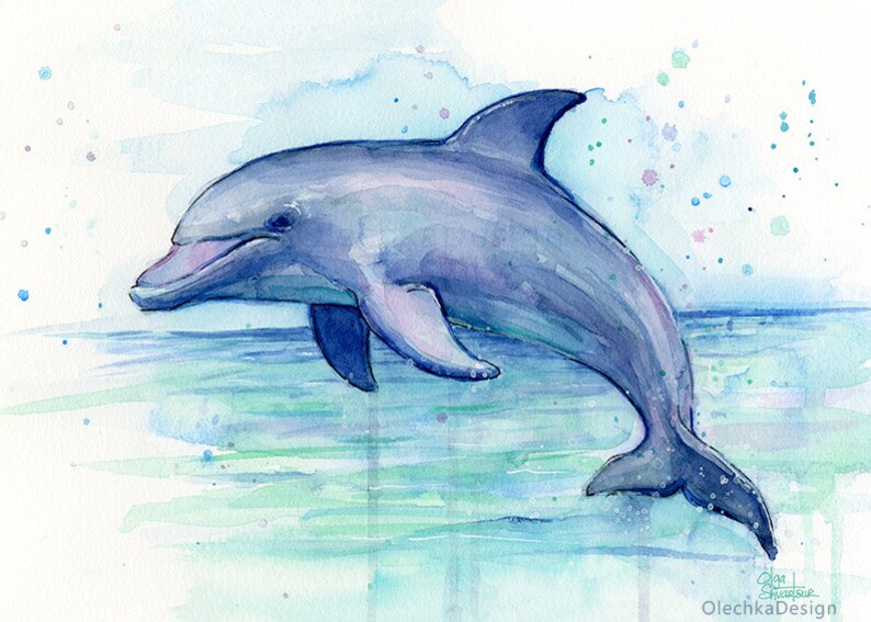 May include: Watercolor painting of a dolphin jumping out of the water. The dolphin is painted in shades of blue and purple, with a white background. The water is painted in shades of blue and green.