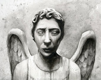 Weeping Angel Watercolor Art Print, Doctor Who, Sci-Fi Wall Decor