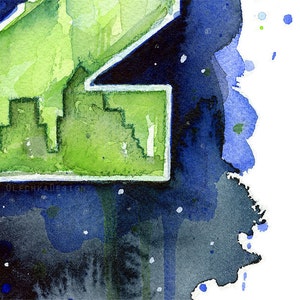 May include: Watercolor painting with a green and white geometric shape against a dark blue and black background. The artwork features a textured, abstract design with splashes of blue and white. The artist's signature, "OLECHKADESIGN", is visible.