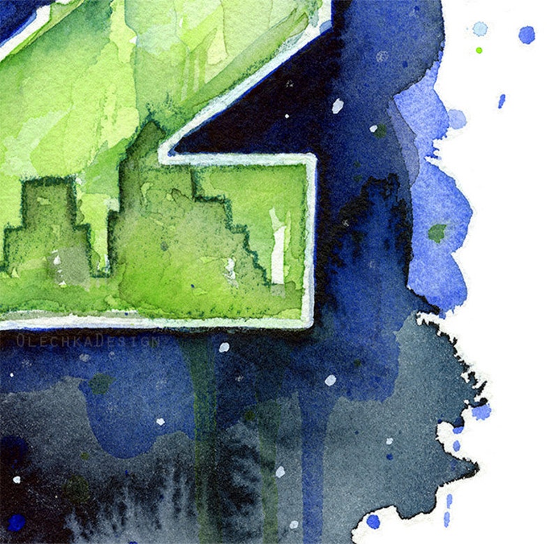 May include: Watercolor painting with a green and white geometric shape against a dark blue and black background. The artwork features a textured, abstract design with splashes of blue and white. The artist's signature, "OLECHKADESIGN", is visible.