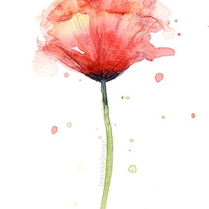 May include: A watercolor painting of a single red poppy flower with a green stem. The flower is surrounded by small red and green watercolor splatters.