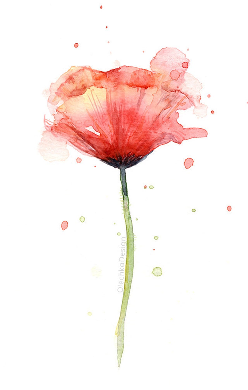May include: A watercolor painting of a single red poppy flower with a green stem. The flower is surrounded by small red and green watercolor splatters.