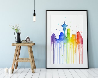 Seattle Wall Art, Seattle Rainbow, Seattle Watercolor Rainbow Painting, Seattle Pride, Art Print Space Needle Silhouette