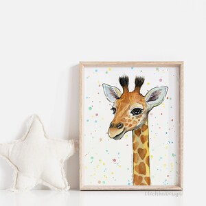 May include: A watercolor painting of a giraffe with a white background and colorful dots. The giraffe has a brown and orange spotted pattern and a light brown neck. The giraffe is looking to the left with its mouth slightly open.