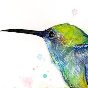 May include: Watercolor painting of a hummingbird with green, blue, and yellow feathers. The bird is in flight with its wings spread out. The background is white with colorful watercolor splatters.