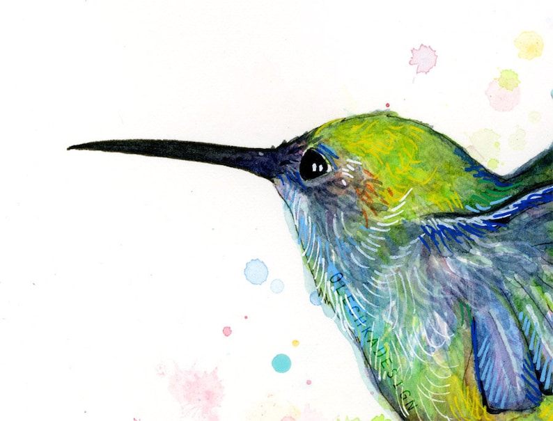 May include: Watercolor painting of a hummingbird with green, blue, and yellow feathers. The bird is in flight with its wings spread out. The background is white with colorful watercolor splatters.