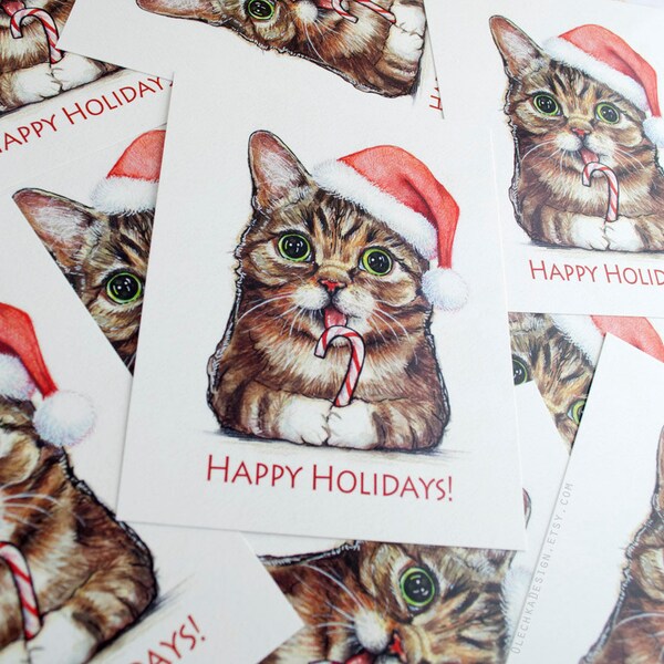 Cute Cat Christmas Postcard, Santa Hat, Candy Cane, Cat, Christmas Card, Happy Holidays