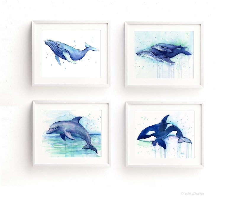 Whale Prints, Whale Gifts, Dolphin Print, Whale Art, Nursery Wall Art, Sea Creatures Art, Animal Watercolor, Humpback Whale Print, Orca Art image 1
