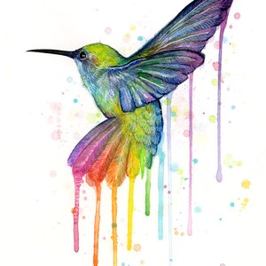 May include: A watercolor painting of a hummingbird with rainbow colored feathers and a white background. The paint drips down from the hummingbird's feathers, creating a colorful effect.